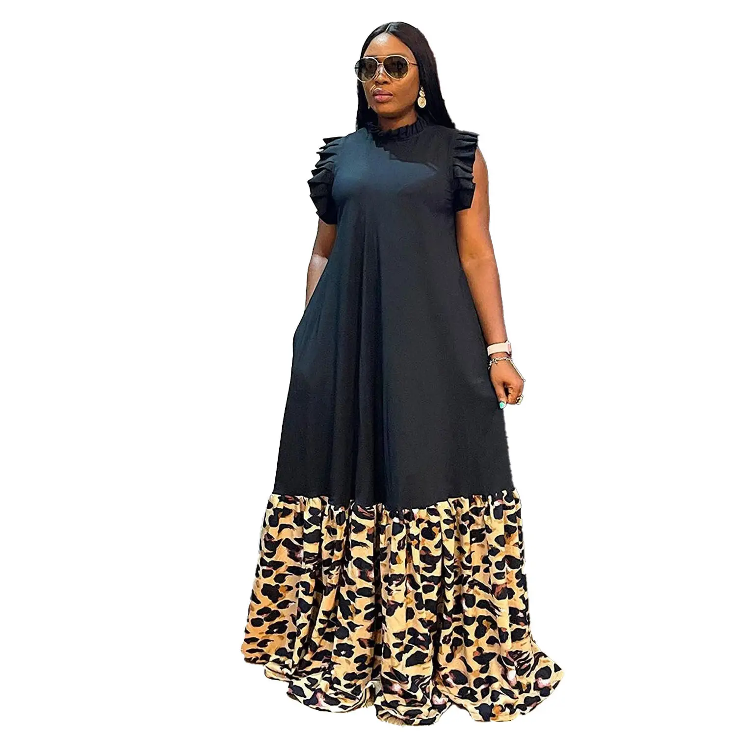 Hot Style Crew-Neck Leopard Printing Black Patchwork Long Sleeve Maxi Women Long Dresses