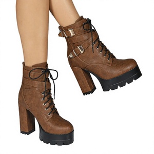Botines de plataforma marrones para mujer con correa de hebilla, cordones y tacón grueso, zapatos de invierno - Product Image 4