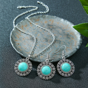 Bohemian <b>Necklace</b> And Earring <b>Set</b> Turquoise Stone Alloy Antique <b>Silver</b> Plated Women's Jewelry Party Fashion - Product Image 4