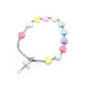 2023 XIMAI Colored Heart Shaped Chaplet Holy Rosary Beads With Crucifix Bracelet Virgin Mary Children Rosary Bracelet