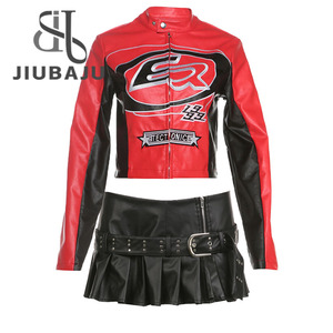 Y2K เสื้อแจ็กเก็ต + กระโปรงสั้นพิมพ์ลายตัวอักษรชุด2ชิ้นซิปบล็อกสีสำหรับผู้หญิง - Product Image 3