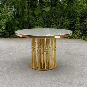 Table de salle à manger ronde personnalisée en acier inoxydable doré avec base verticale en tige et plateau en verre trempé miroir - Product Image 3