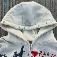 BENTURA Sokak Giyim Üreticisi Özel Grafik Baskılı Kalın Büyük Beden Taşlı %100 Pamuk Eskitme Görünümlü Kırpılmış Fermuarlı Kapüşonlu Sweatshirt