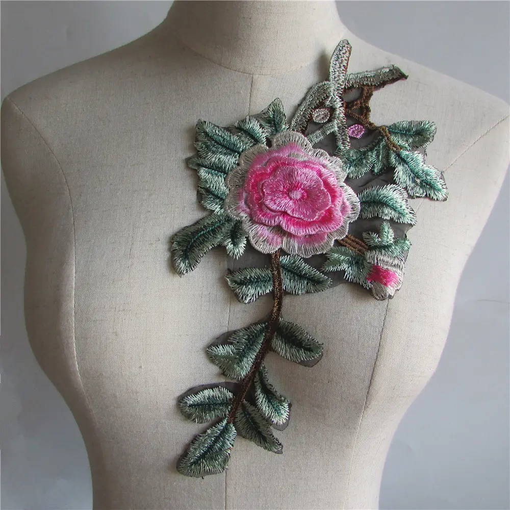 Fashion Pink Flower Embroidery Applique Patch lace Neckline DIY Lace Collar