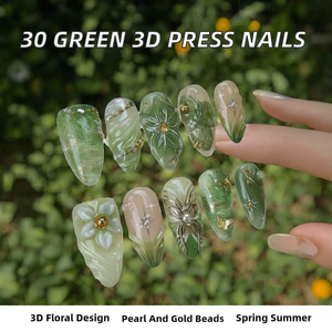 Ongles press-on verts, forme amande moyenne, avec perles 3D dorées, motifs fleurs et papillons, pour femme, collection printemps-été - Product Image 3