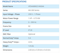 Convertisseur de fréquence AC Delta VFD4A8MS21ANSAA MS300 0,75 kW 220 V monophasé