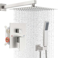 Ensemble de robinetterie de douche en acier inoxydable avec pommeau de douche carré de 10 pouces à effet pluie, double poignée, fixation murale, finition nickel brossé