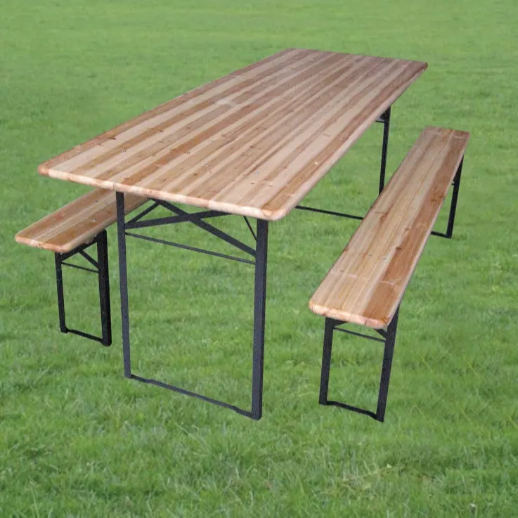 Günstige solide fir holz top metall bein bier tisch und bank outdoor tisch sets fabrik