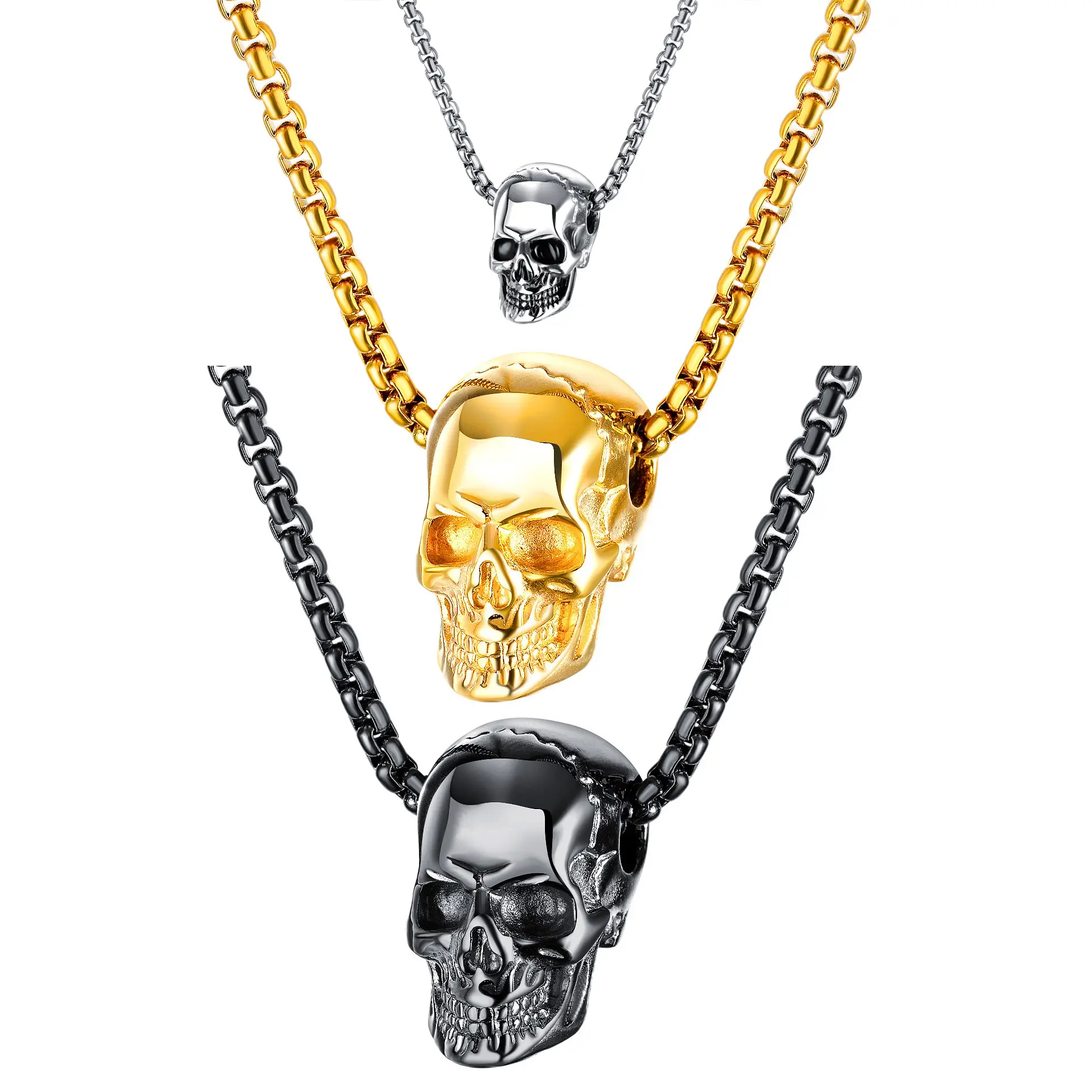 Skull Head Pendant Necklace Hiphop Rock Design Wholesale Titanium Stainless Steel Punk Silver Black Gold Jewelry Necklaces Gift