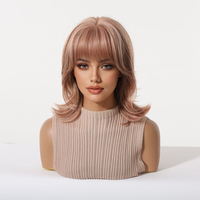 Perruque Ombrée Rose Marron Coupe Wolf Cut 12 Pouces avec Frange - Perruque Courte Synthétique Résistante à la Chaleur pour Femmes
