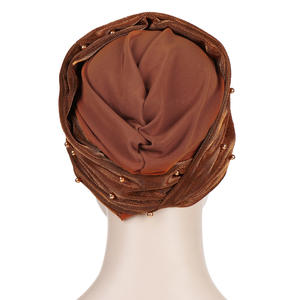 Pañuelo musulmán de dos colores para mujer y niña, <span class=keywords><strong>Hijab</strong></span> árabe, turbante de tubo, sombrero con cuentas - Product Image 2