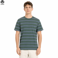 Grosir kustom kaus lembut lengan pendek pria, Baju kaus kerah Crew lurus Fit katun 100% ringan motif garis-garis