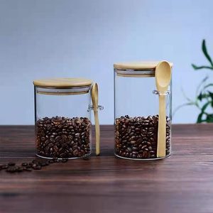 Pot de stockage en verre borosilicaté de forme ronde de diamètre 65mm 85mm 100mm avec couvercles et cuillère hermétiques en bambou pour céréales en grains de café - Product Image 6
