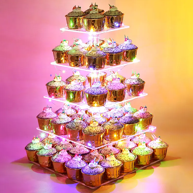 Stan Cupcake Akrilik, Pesta Pernikahan dengan Tali Lampu LED 3/4/5 Tingkat Putaran Persegi Tampilan Dessert Risers Berdiri Menara Cupcake