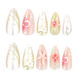 Ongles à presser personnalisables en gros, style français, forme amande moyenne, en ABS, avec motif <span class=keywords><strong>perle</strong></span>, fleur 3D, lune et dégradé de couleurs - Product Image 3
