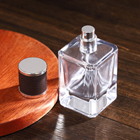 Botella de Perfume Cuadrada de Vidrio Mate Transparente de Lujo al por Mayor, 30ml 50ml 100ml, Embalaje Personalizable, Funda de Cuero de Alta Calidad
