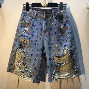 Women's Summer Denim Shorts High Waist Cropped Distressed Punk Style Rhinestone Embellished with <b>Chains</b> and Frayed Hem - Product Image 6