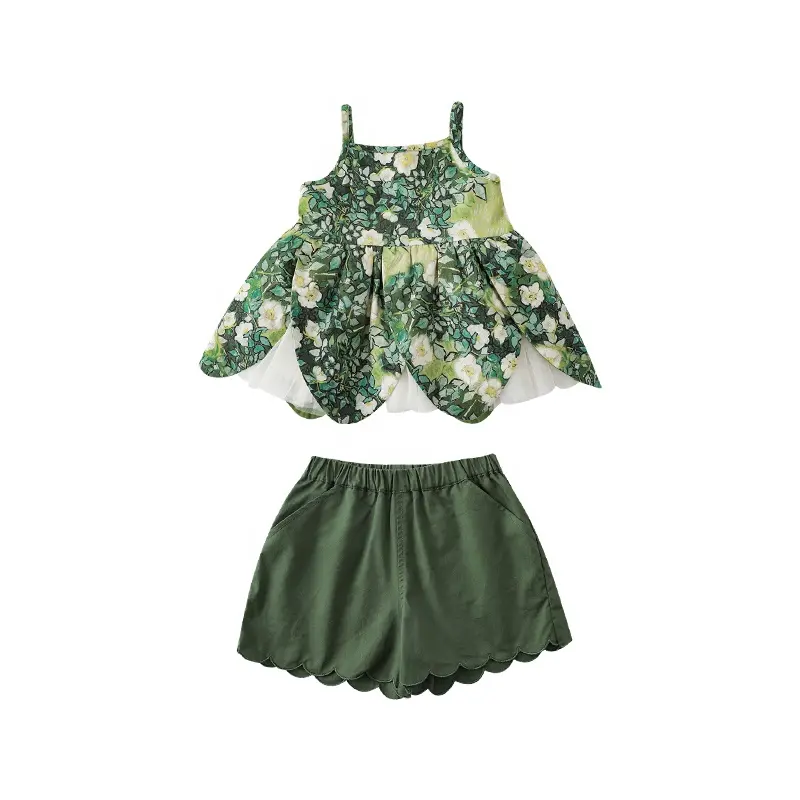 Boutique Dark Green Forest Leaves Print Summer Baby Girls Tank Shorts Set Casual Wholesale High Quality Toddler Girls Suit