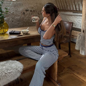 Women's Casual Loungewear Set: Striped Halter <b>Top</b> & Wide-Leg Pants with Contrast Buttons | Lounge Two Piece Outfit - Product Image 2