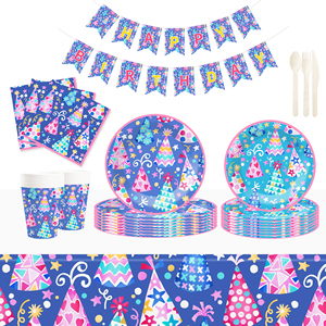 DAMAI Nuevo Juego de Vajilla para Fiesta de Cumpleaños Infantil con Diseño de Gorro, Incluye 7 y 9 Platos de Papel, Vasos y Servilletas para 8 Invitados - Product Image 1