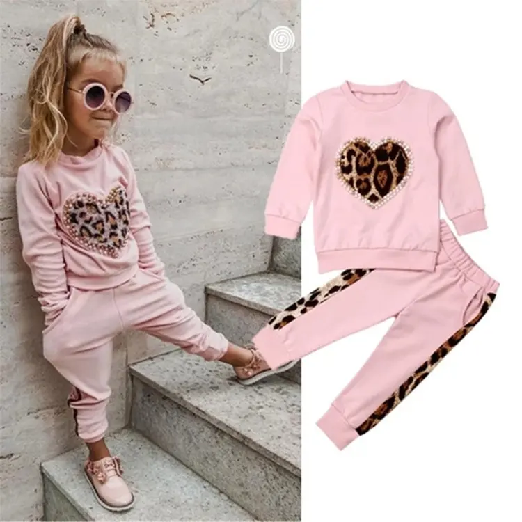 Green Horizon Kinder kleidung Rosa Langarm-Pullover hose mit Leoparden muster Set Pullover hose Zweiteiliges Mädchen-Set