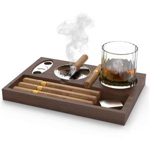 Wooden cigar ashtray, desktop cigar tray, whiskey holder, multi-functional glass <b>rack</b>, solid wood decorative <b>plate</b> - Product Image 1