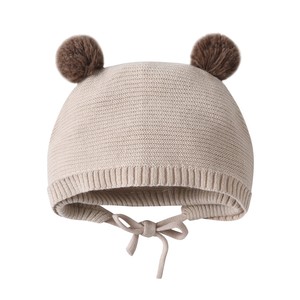 Ensemble barboteuse et bonnet en tricot 100% coton <span class=keywords><strong>original</strong></span> motif ourson, beige, avec bretelles croisées et bonnet pompon, tenue chaude d'hiver pour bébé et tout-petit - Product Image 6