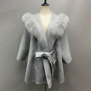 Jancoco gerçek yün panço kadınlar için yumuşak bayan şal kapşonlu yün pelerin gerçek tilki kürk Trim ile - Product Image 4