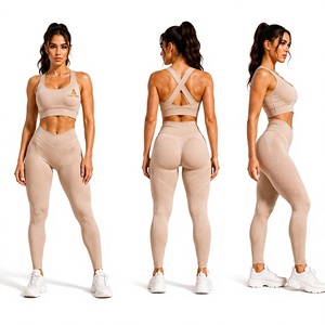Ensemble de leggings et soutien-gorge de sport côtelé pour femme, taille haute, vêtements de sport, yoga, gym, entraînement, personnalisable OEM ODM - Product Image 4
