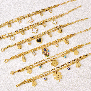 Bracciale da Donna in Acciaio Inossidabile con Ciondolo Occhio Placcato Oro 18K Regolabile Multistrato Quadrifoglio Gioielli all'Ingrosso - Product Image 1