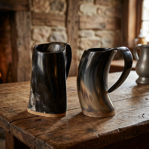 Mug en corne massif de style américain, fait main, moderne, avec motif Odin gravé, bouchon coulissant, pour bière, vin, hydromel, café, usage domestique et festif, compatible micro-ondes - Product Image 1