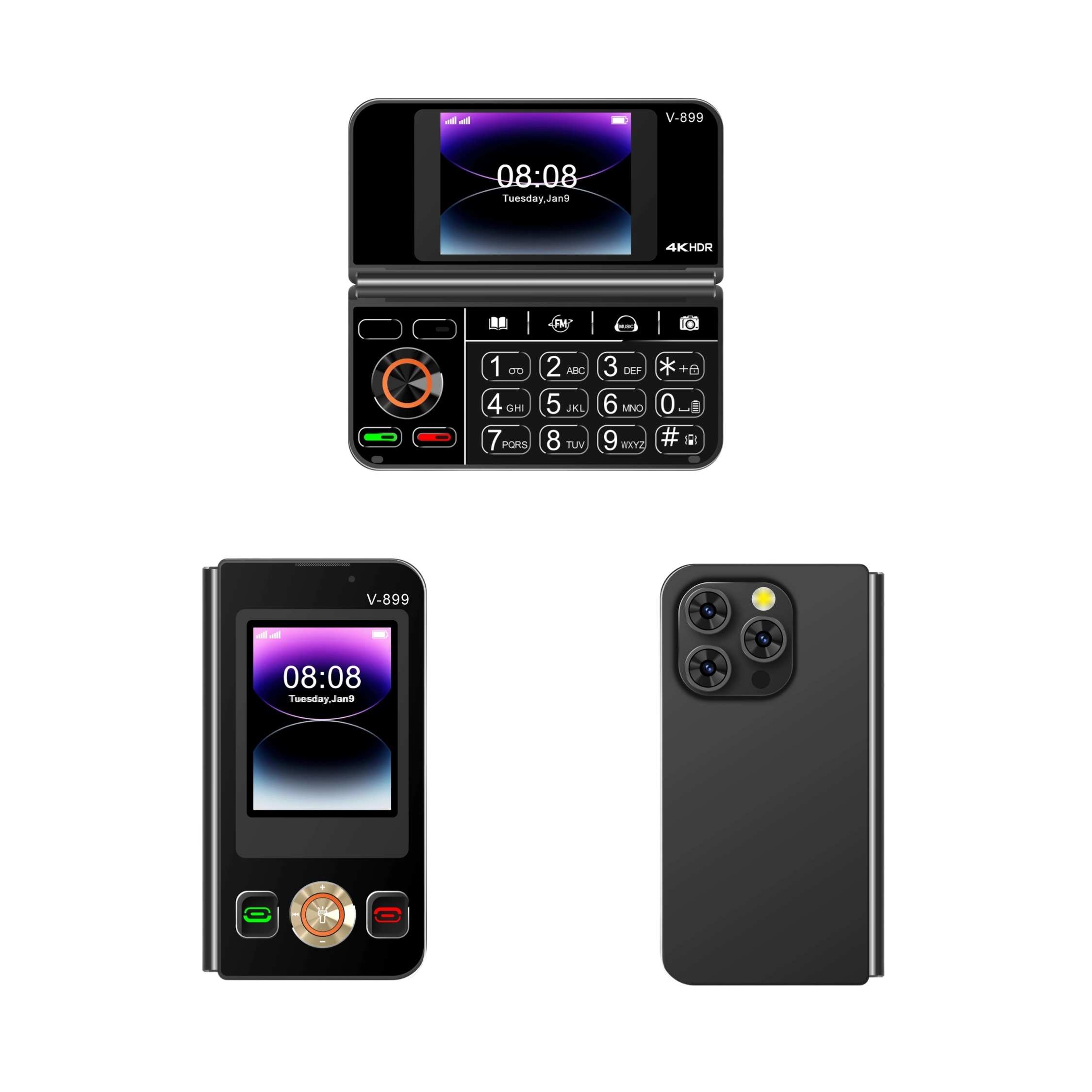 V8 Pro Folding Flip Feature Phone - 2G, Dual Sim, Multilingual