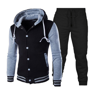 Özel Logo spor setleri erkekler klasik beyzbol Hoodies ve pantolon koşu giyim Patchwork tişörtü spor seti - Product Image 2