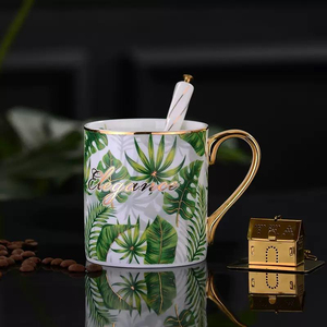 Nordic Style Green Leaf Pattern Bone China <b>Coffee</b> Tea Mug Gold Rim Handle Gold Leaf <b>Filter</b> 450-500ml Capacity Business Gift Gift - Product Image 1