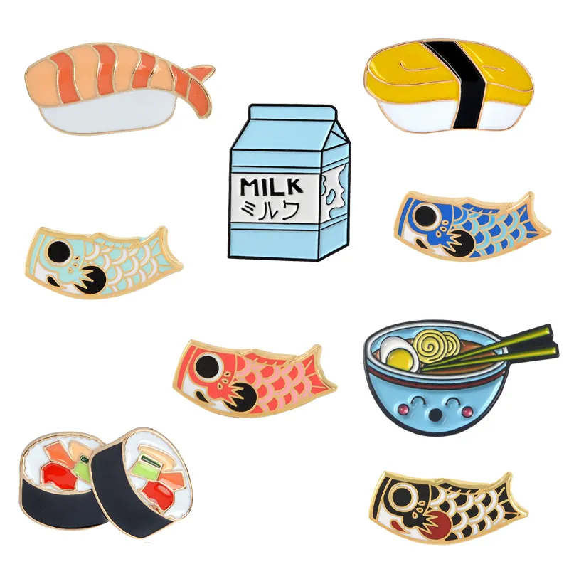 Wholesale Japan Food Brooches Milk Ramen Fish Koi Flag Bag Clothes Jewelry Badge Lapel Pin Enamel Pin Custom