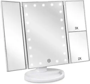 กระจกโต๊ะเครื่องแป้งพร้อมไฟกระจกแต่งหน้าพับสามตอน22ไฟ LED ของขวัญสำหรับผู้หญิงกระจกแต่งหน้า