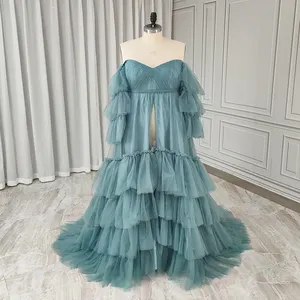 Deep Blue Layered Tulle Pregnancy Photo Gowns with Short Sleeves for Women Maternity Baby Shower Dress Evening Dresses 2024