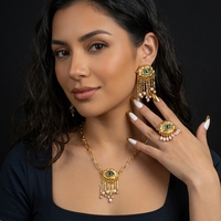 Ensemble de 3 pièces de bijoux vintage 'Yeux du Diable' : Collier à franges de perles, Boucles d'oreilles et Bague, Bijoux de mode pour femme, Cadeau, Conjunto De Joyas
