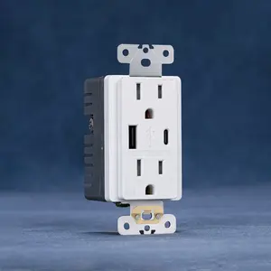 15A 125V Duplex Receptacle Tamper Resistant Wall Mounted USB Power Socket With Dual USB TYPE A+C 5V 5.0A