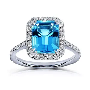 Aqua Blue Emerald Cut Blue Topaz And CZ Diamond Halo Ring 7*9mm Ctw 14K White Gold Plated Engagement Jewelry