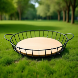 Cestino rotondo in filo metallico con base in legno per la conservazione della frutta, cestini portaoggetti da cucina, design minimalista, in ferro, a un solo livello - Product Image 3