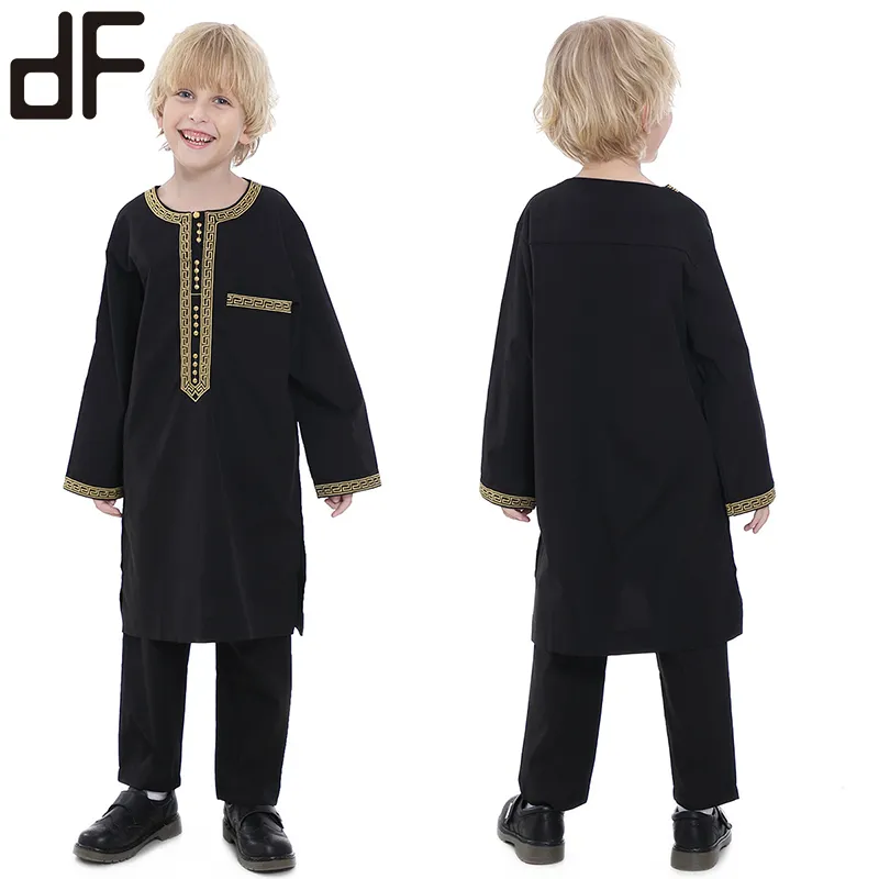 wholesale turkish kids clothes from turkey ramadan islam two piece set muslim cloths for boys kids embroidery kurta shirts pants