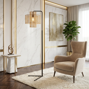 Lámpara de pie AK de ratán y metal de latón en pieza grande con acabado en polvo negro al mejor precio para decoración de oficina/Decoración de dormitorio - Product Image 1