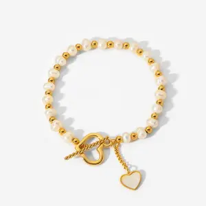 Bracelet à perles en acier inoxydable plaqué or 18k, fermoir en forme de cœur avec perle d'eau douce, style nouveau et doux, pour femmes