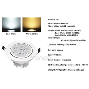 Lámpara LED de Techo Empotrada de 7W, 110V - 220V, Foco Redondo con Controlador, 3000-6500K, Recorte de 90mm - Product Image 2