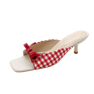 Sandalias de Tacón Alto con Diseño de Punta Cuadrada y Estampado a Cuadros Francés, Cómodas y a la Moda para Mujer, Talla Grande, para Verano y Exteriores - Product Image 5