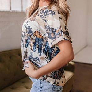 Cowboy Riding Western Top Western Cowboy Print Camiseta Utah Graphic Tee Manga con puños Camiseta de cuello redondo - Product Image 5