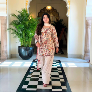 Ensemble de vêtements indiens et pakistanais à imprimé floral, haut long brodé, pantalon large, châle, tenue pour les festivals - Product Image 1