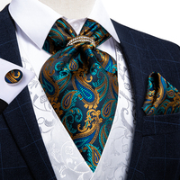 Corbata de Hombre Estilo Ascot Vintage en Verde Azulado con Diseño Paisley Dorado, Clásica para Bodas y Eventos Formales, de Poliéster con Tejido Jacquard