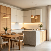 Meubles de cuisine modernes sur mesure en MDF écologique résistant à l'eau, avec éclairage LED sous les armoires, îlot en pierre, sans poignées, OEM ODM